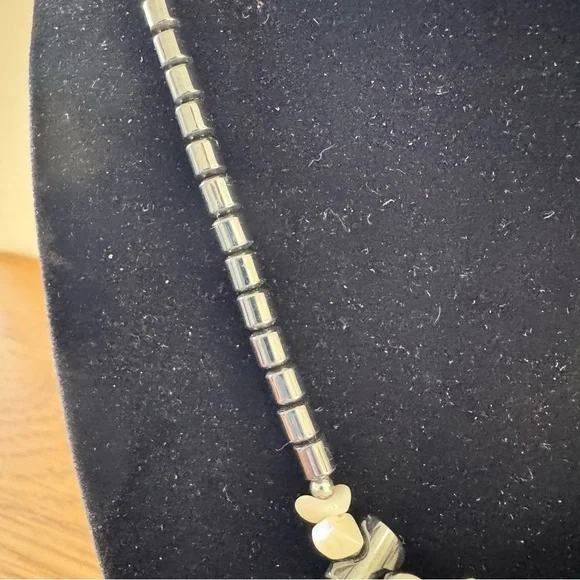 Hematite Beaded Necklace w/ White Howlite Cluster Focal Boho Gemstone - Picture 3 of 6
